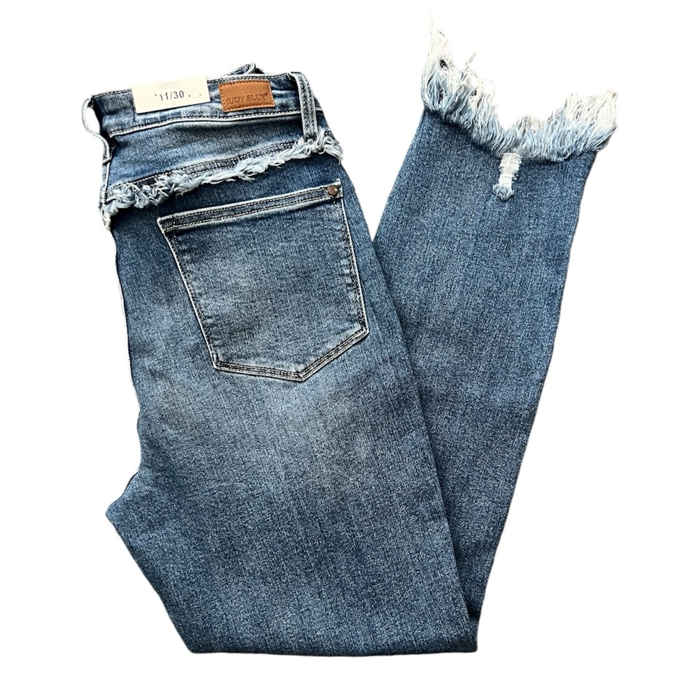 Judy Blue JB88473 Medium High Rise Slim Fit Fray Detail Denim Jeans with Raw Hem